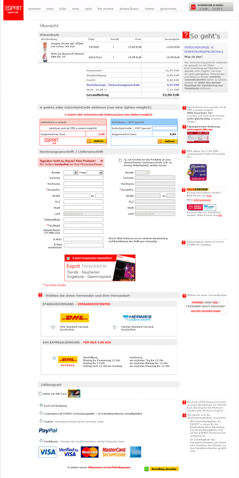 One-Page Checkout bei Esprit