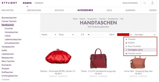 Icons wirken unterstützend. So werden beliebte Artikel mit einem Herz gekennzeichnet und sortiert man nach den teuersten Produkten, muss man vielleicht sein Erspartes anfassen (Icon Sparschwein).