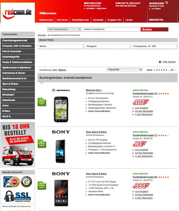 Bei der Suche nach „android smartphone“ erkennt man übersichtlich, ob das Produkt versandkostenfrei und lieferbar ist, wie es aussieht, was es kostet und wie es von Kunden bewertet wurde. In der Mitte finden sich relevante Produktmerkmale wie Displaygröße, Kameraauflösung oder Betriebssystem zum Vergleich. Vor allem bei technischen Produkten kann eine tabellarische Darstellung für eine gute Vergleichbarkeit sorgen.