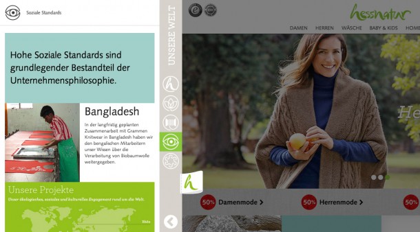 hessnatur nutzt den Off-Canvas um die Unternehmenswerte zu kommunizieren – ein wichtiger Alleinstellungsmerkmal für hessnatur.