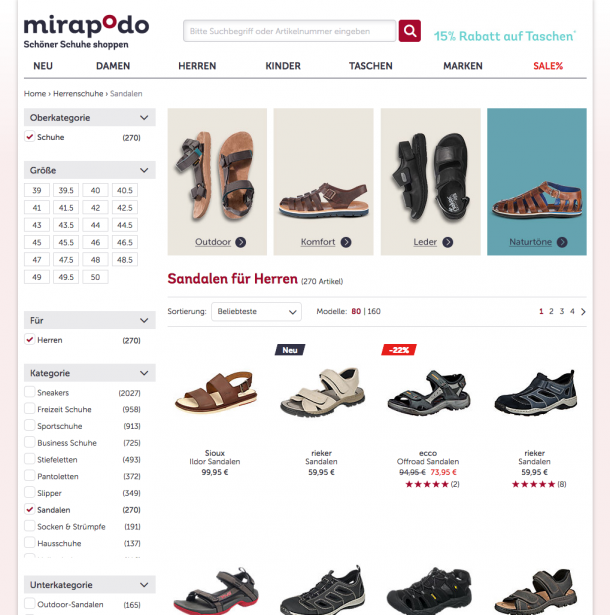 mirapodo.de hebt in allen Kategorien im Kopfbereich der Listen die relevantesten Filter hervor und zeigt ein Beispielprodukt zur Orientierung