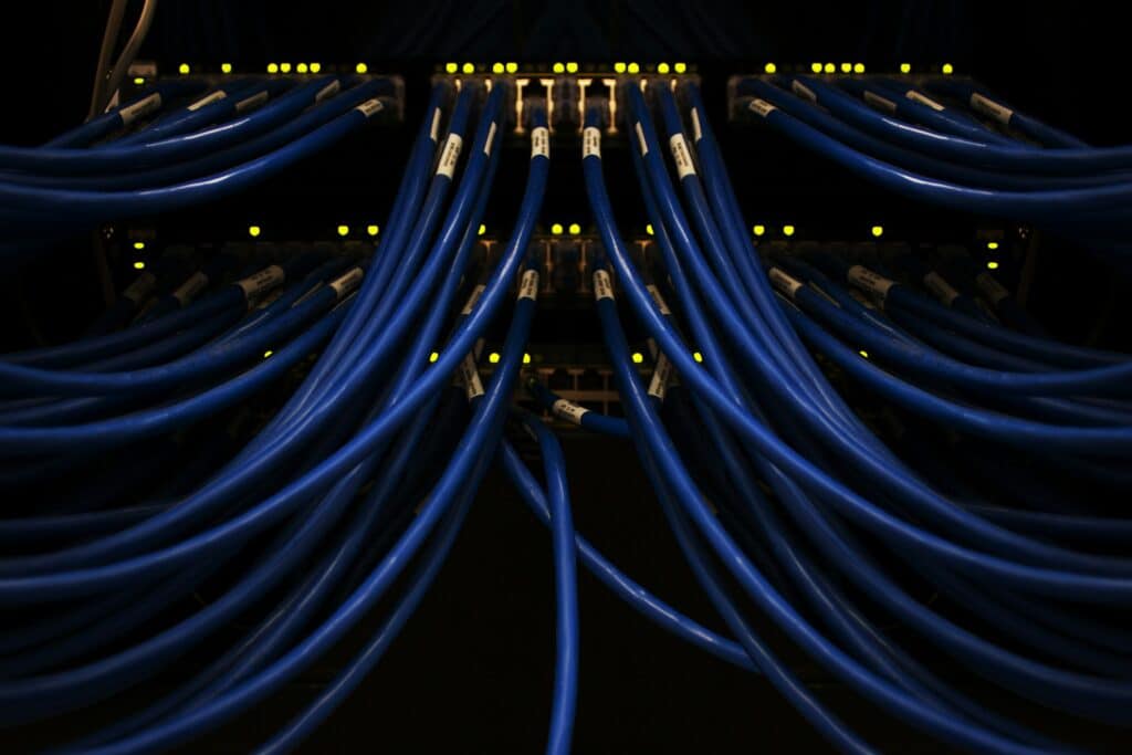 blue wires connected to a computer